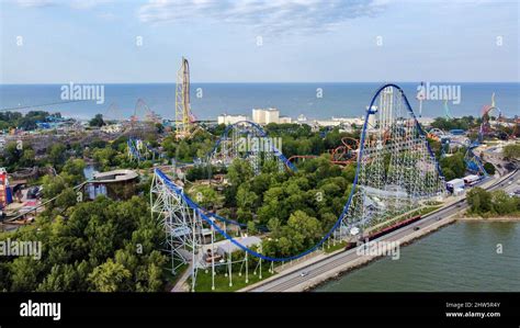 Aerial view of the Cedar Point amusement park in Ohio under a cloudy ...