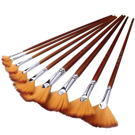 9 Pieces Nylon Hair Wood Long Handle Paint Brush, Artist Fan Brushes Set for Acrylic Watercolor ...