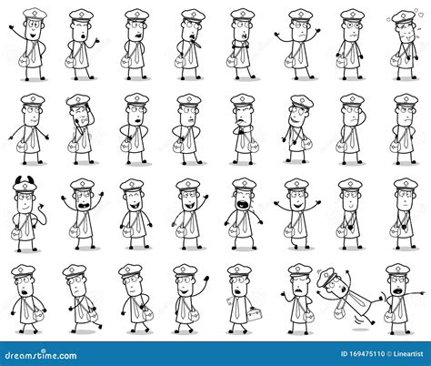 Drawing Art Of Postman Poses - Set Of Concepts Vector Illustrations ...