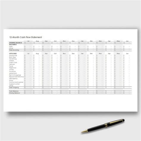 12-Month Cash Flow Statement (Excel) | YVOXS