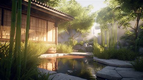 Sunshine Water Flow Bamboo House Zen Leisure Garden Chinese Style ...