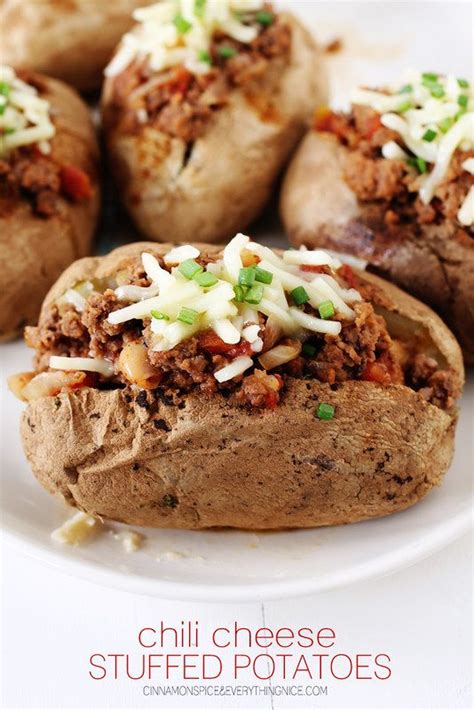 Chili Cheese Stuffed Potatoes | Recipes, Baked potato recipes, Stuffed baked potatoes