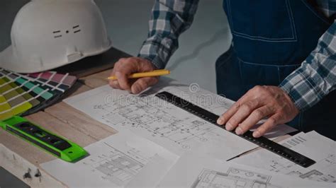 A Man Uses a Ruler To Measure the Drawing on the Table Stock Footage - Video of closeup, craft ...