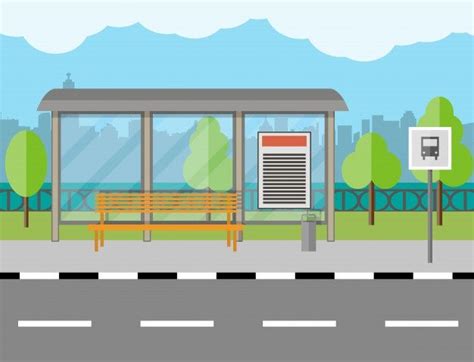 Premium Vector | Bus stop with bench and city background in 2023 | City background, City cartoon ...