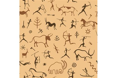 Cave painting pattern. Seamless print of primitive ancient drawing of ...