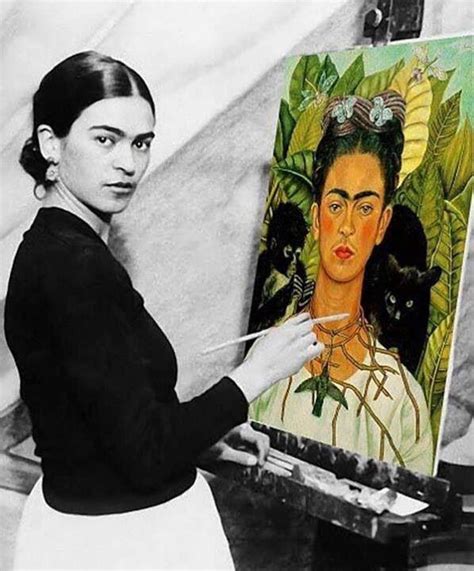 Frida Kahlo posing with Self-Portrait with Thorn Necklace and Hummingbird, 1940 : r ...