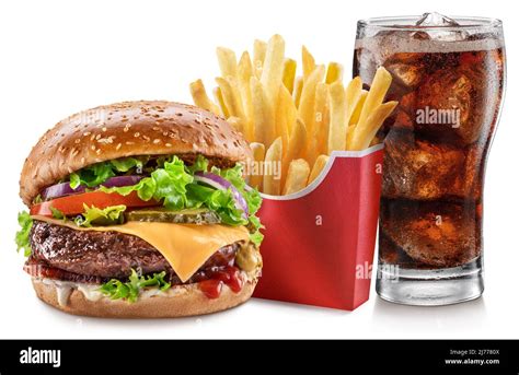 Delicious cheeseburger with cola and potato fries on white background. Fast food concept Stock ...