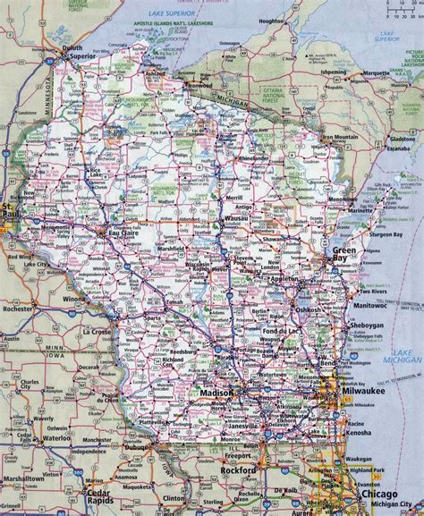 Large detailed roads and highways map of Wisconsin state with all cities | Wisconsin state | USA ...