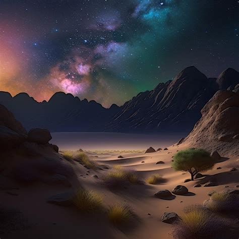 A starry night sky over a desert with mountains and a tree on the left. | Premium AI-generated image