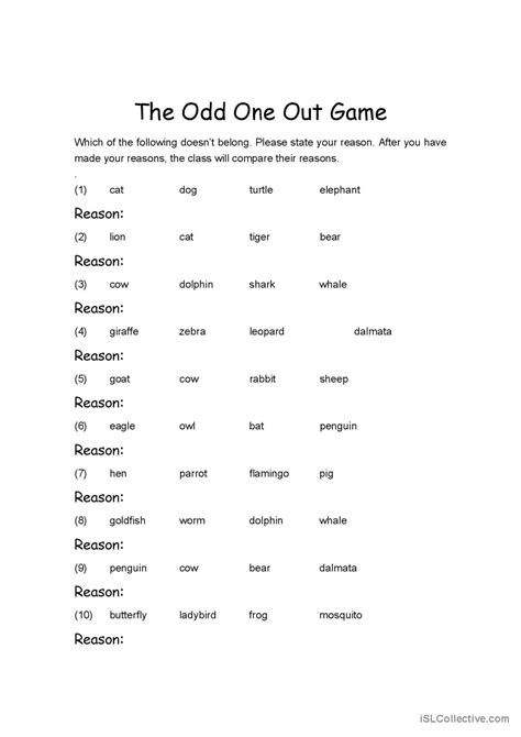 Esl Warm Up Game Odd One Out Odd 1 Out Worksheet Activity For English ...