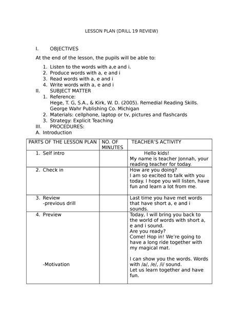 Lesson PLAN - LESSON PLAN (DRILL 19 REVIEW) I. OBJECTIVES At the end of the lesson, the pupils ...