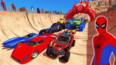 SPIDERMAN MONSTER CAR TRUCKS MEGA RAMP CHALLENGE ! SUPERHERO HULK IRON ...