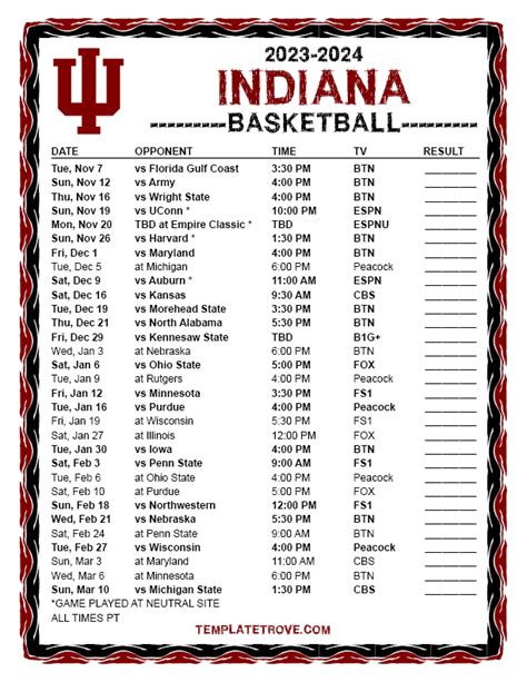 Printable 2023-2024 Indiana Hoosiers Basketball Schedule