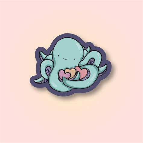 Octopus With Three Hearts Sticker / Die Cut Waterproof | Etsy