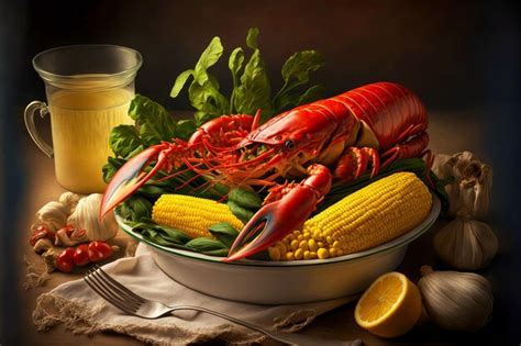 Premium Photo | Round dish on table with exquisite lobster and corn cob