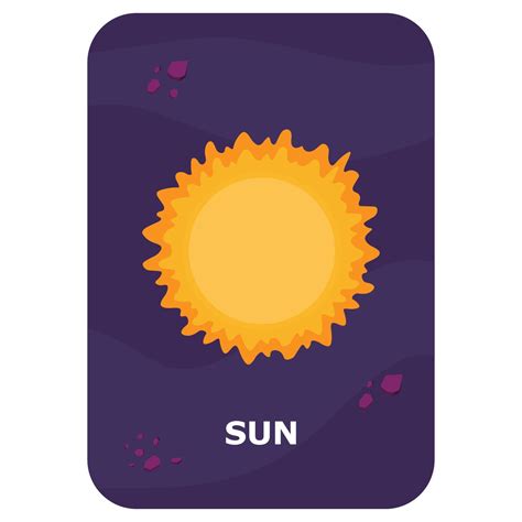 Sun. Vector Space flash card. English language game with cute astronaut, rocket, planet, comet ...