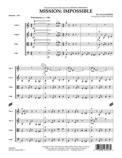 Mission: Impossible Theme - Full Score by Larry Moore Sheet Music for String Quartet at Sheet ...