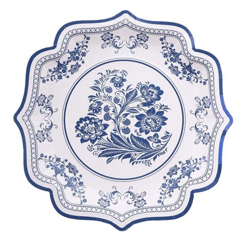 25 Pack White Light Blue Paper Dinner Plates in French Toile Floral Pattern, 10" Disposable ...