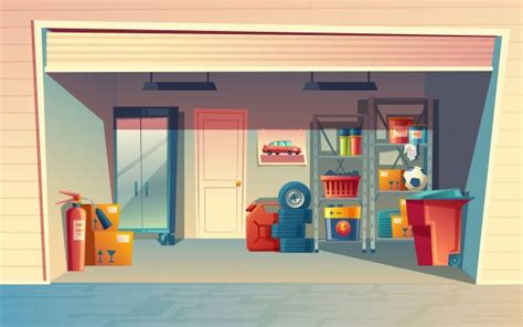 an illustration of a garage with various items in it