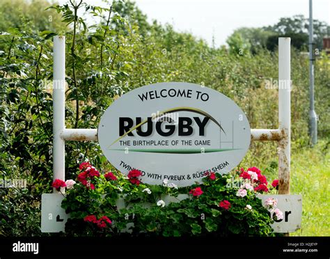 Rugby town sign, Warwickshire, England, UK Stock Photo - Alamy