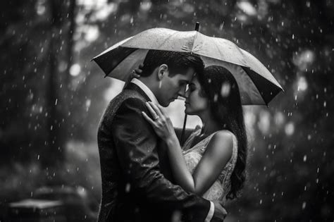 Premium Photo | A close up shot of a couple embracing under an umbrella in the rain Generative AI