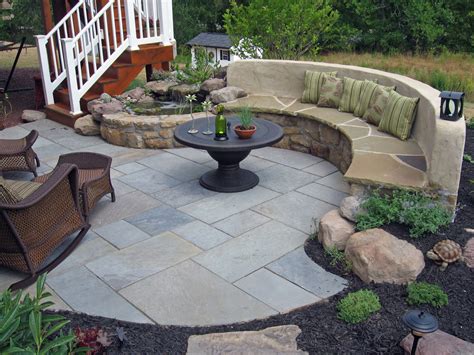 112 Flagstone Patio with Built-in Seating and Water Feature | Stone ...