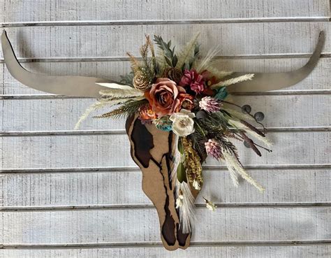 Southwestern Wood Longhorn Skull Wall Decor With Wood Flowers Rustic ...