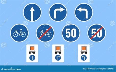 Set Of Mandatory Road Signs. Traffic Signs On Blue Background. Cartoon ...