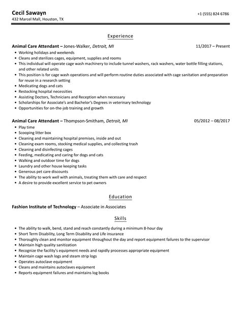 Animal Care Attendant Resume Samples | Velvet Jobs