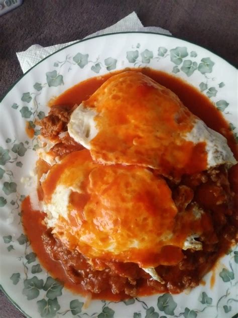 Brunch, red chili stacked enchiladas with corn tortillas, breakfast ...