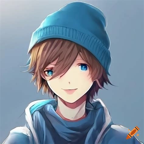 Anime boy wearing a blue beanie and blue jacket with brown hair on Craiyon