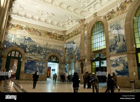 Decorative tiles in São Bento train station, Porto, Portugal Stock ...