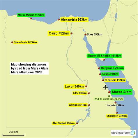 StepMap - Distance of Egyptian towns from Marsa Alam - Landkarte für Africa