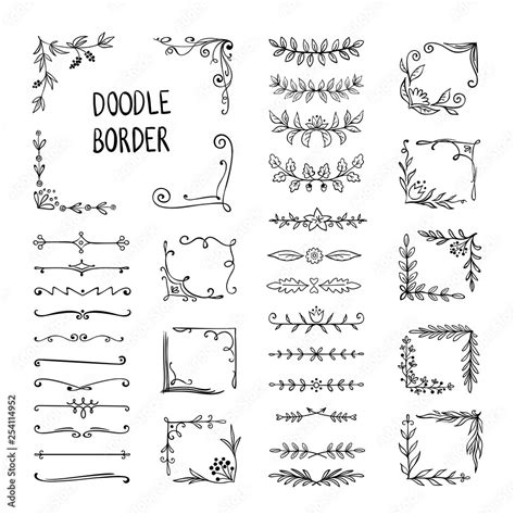 Doodle border. Flower ornament frame, hand drawn decorative corner elements, floral sketch ...