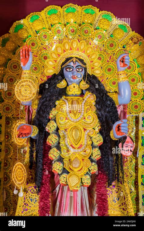 Goddess Kali idol decorated at Puja pandal, Kali puja also known as Shyama Puja or Mahanisha ...