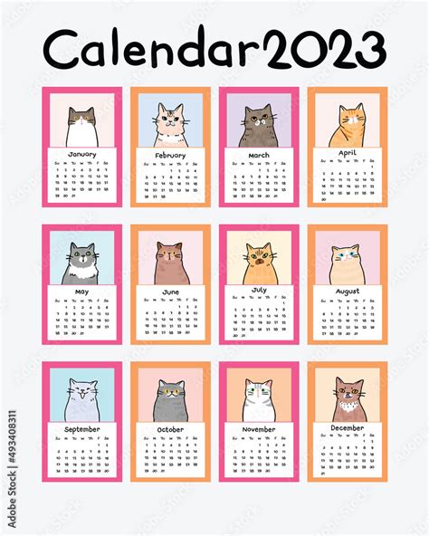 Calendar 2023 Collection with Vector Design of Hand Drawn Cartoon Cat Characters on Different ...