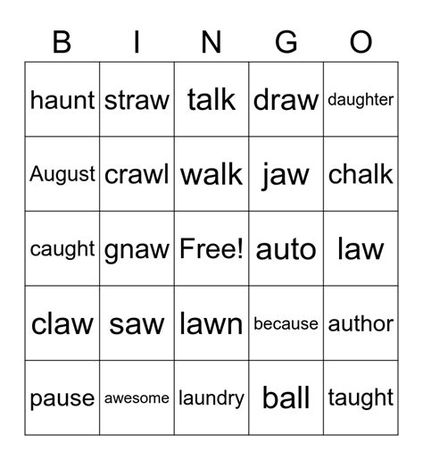 au, aw, augh, al words Bingo Card