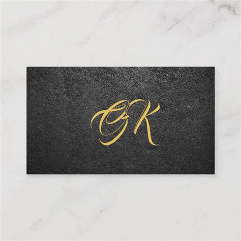 Monogram minimalist black leather gold metal business card | Zazzle