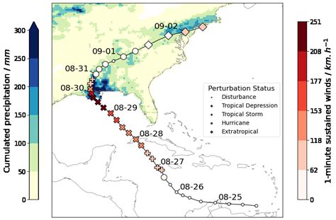 Track and associated precipitation for the Ida hurricane. 6-hourly ...