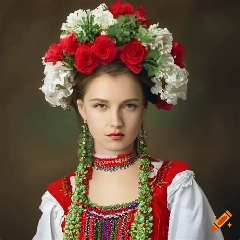 Girl in ukrainian dress with a scythe in spring nature on Craiyon