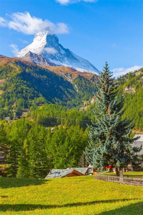 Matterhorn and Zermatt Alpine Village, Switzerland Stock Image - Image of pyramid, pine: 182810723