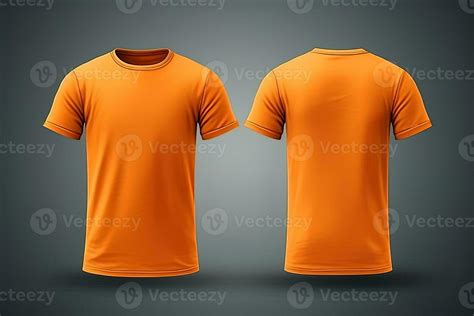 Orange male t-shirt realistic mockup set from front and back view, blank textile print design ...