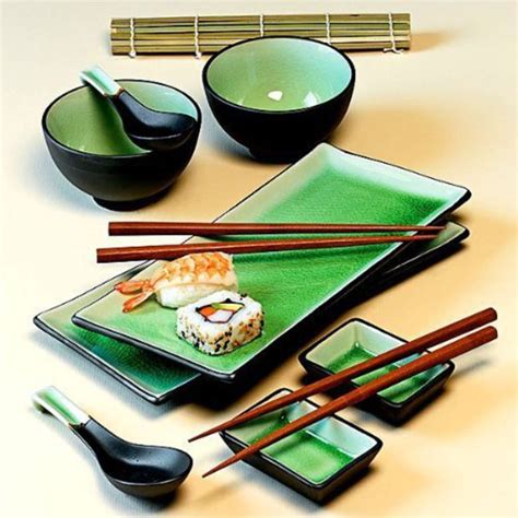 11 Piece Green Japanese Dinnerware Set w/ Sushi Mat Green | Japanese dinnerware, Sushi set ...