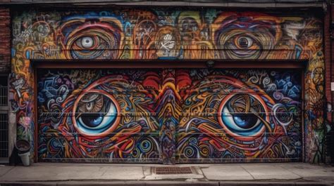 Premium AI Image | A garage door covered in vibrant graffiti art