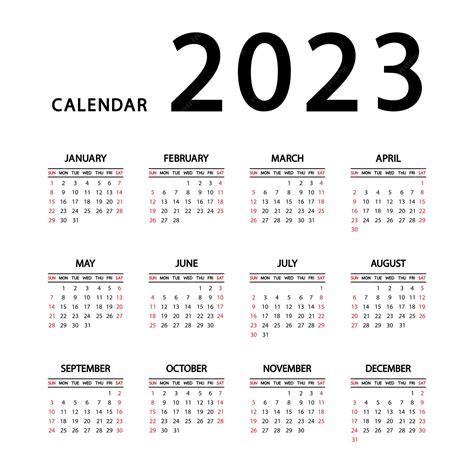 Kalender 2023 jaar. De week begint zondag. Jaarlijkse Engelse kalender ...