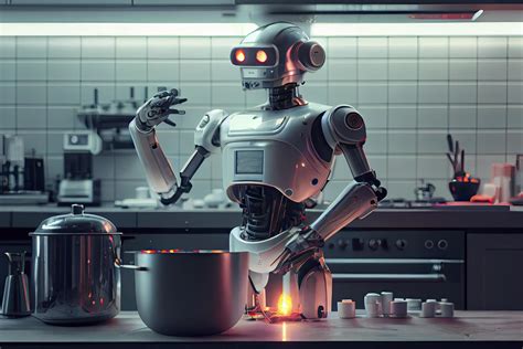 Robot chef cooking in kitchen of future home genius, smart robot working in modern house ...