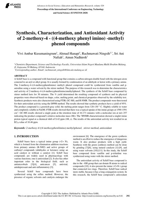 (PDF) Synthesis, Characterization, and Antioxidant Activity of 2-methoxy-4 - ((4-methoxy phenyl ...