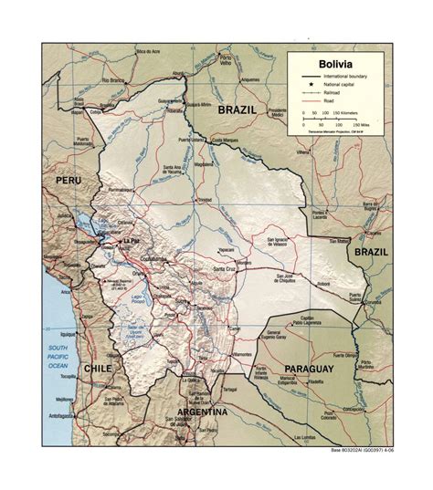 Large detailed political map of Bolivia with relief, rivers, roads, railroads and major cities ...