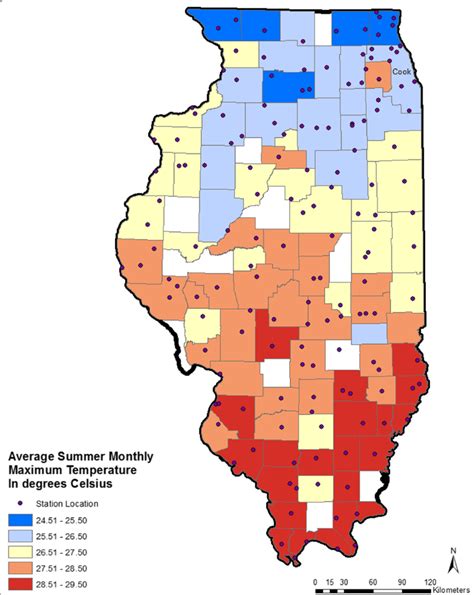 Map of Illinois showing annual average summer monthly maximum ...