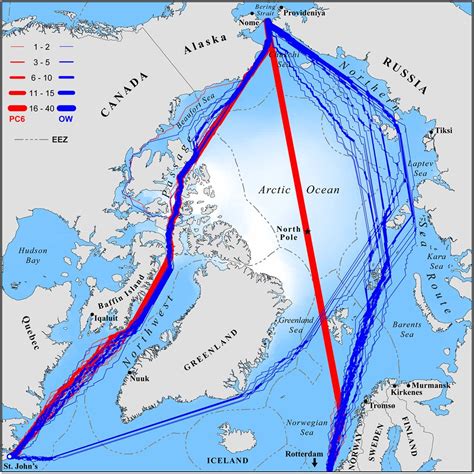 Possible modeled trans-Arctic shipping routes 2040-2059 from reduction in sea-ice, from new ...